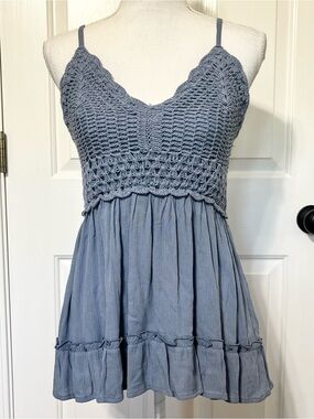 A Hint of Blush Y2K Blue Empress Crochet Boho Babydoll Coquette Fairy Knit Top